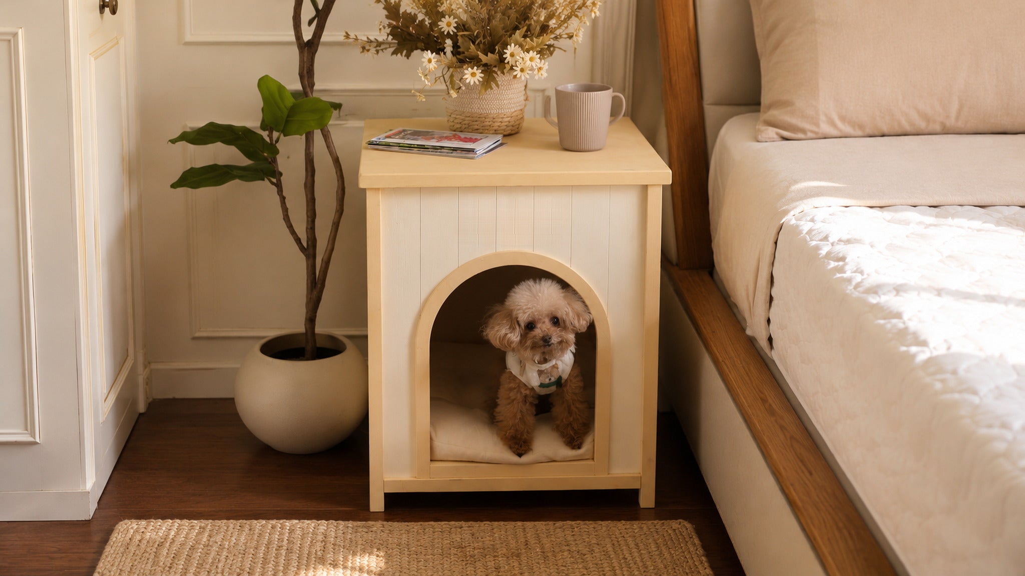 A small apricot dog resting its chin against a person's hand in a warm, sunlit room